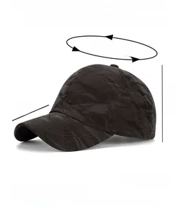 Detail of black faux suede baseball cap showing dimensions and 100% polyester fabric