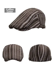 Detailed side and back view of brown striped ivy cap with metal adjustment buckle