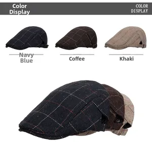 Three colors display of men's vintage newsboy caps in navy, coffee, and khaki textured wool