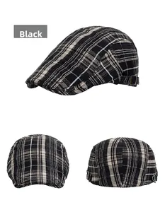 Three-way view of a classic black and white plaid flat cap with side metal adjustment buckle