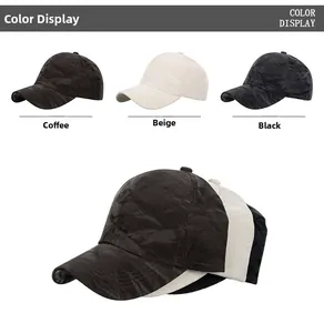 Detail of suede texture on baseball caps in coffee, beige and black with adjustable buckle