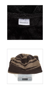 Detail view of winter knitted hat showing acrylic material label and weight of 81.8 grams
