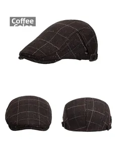 Three-sided view of coffee plaid wool newsboy cap with adjustable metal side buckle