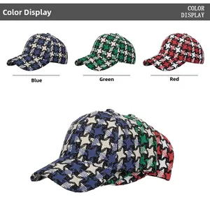Detailed view of woven baseball caps with star-patterned houndstooth texture in three colors