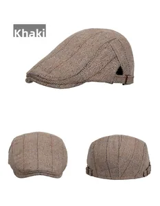 Three-angle view of khaki herringbone ivy cap with side buckle and subtle plaid detail