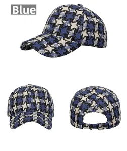 Three-view layout of blue houndstooth tweed baseball cap with adjustable metal buckle detail