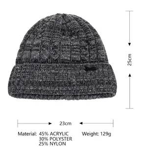 Mens thick cable knit beanie hat in grey, size 23x25cm, acrylic polyester nylon blend