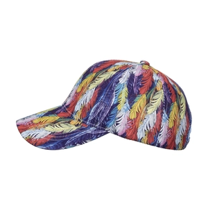 Colorful feather print baseball cap with gradient tie-dye pattern and curved brim for adults