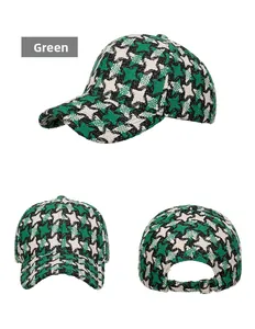 Three-way view of green houndstooth tweed baseball cap with adjustable metal buckle back