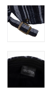 Detail of cotton striped beret featuring a metallic bronze adjuster buckle and fabric label