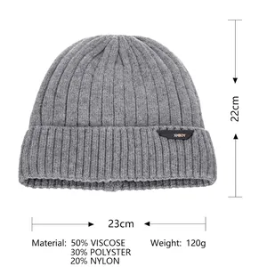 Men's winter grey ribbed knit beanie hat with leather label and detailed dimensions