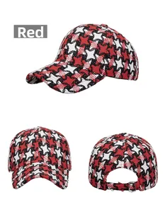 Detailed views of the red houndstooth baseball cap featuring a metal adjustable buckle