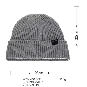 Grey ribbed knit beanie for men with thick fleece lining and size specifications