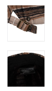 Detail of adjustable metal buckle and 100% cotton label on plaid beret flat cap