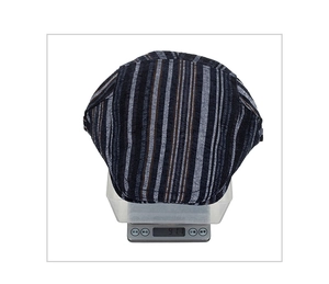 Weight measurement of dark blue striped newsboy cap showing a total mass of 91.1 grams