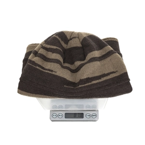 Men's winter knit beanie with thick striped pattern in dark brown and khaki colors