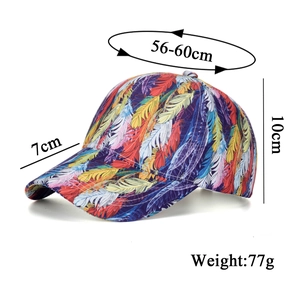Graffiti tie-dye baseball cap with colorful feather print and adjustable sun protection