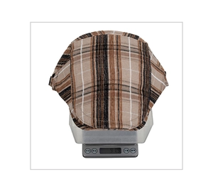 Detail shot of a plaid flat cap on a scale weighing approximately 91.9 grams