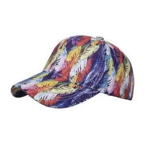 Colorful tie-dye baseball cap with vibrant feather print pattern and curved brim