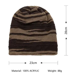 Men's knitted winter beanie with brown stripe pattern, size 28x23cm, 100% acrylic material