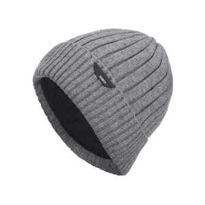 Winter rib-knit beanie for men with warm fleece lining and decorative leather patch