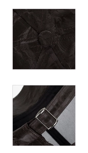 Detailed macro view of dark faux suede baseball cap with metal buckle and stitching