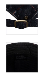 Detail of herringbone wool cap with adjustable bronze metal buckle and fabric texture