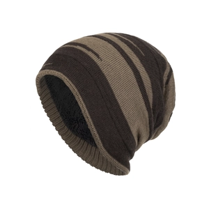 Winter striped knit beanie for men with thick warm fleece lining and brown patterns