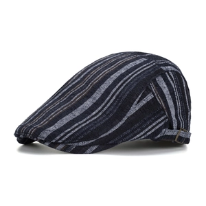 Classic British style striped ivy cap in navy blue thick fabric with metal side buckle
