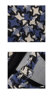 Detail of blue houndstooth tweed baseball cap with metallic thread and silver buckle