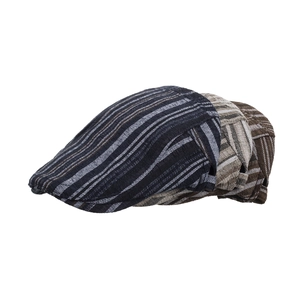 Men's ivy flat caps in navy, grey, and brown with retro striped textured fabric