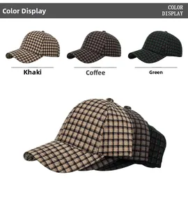 Detailed color display of khaki, brown, and green plaid baseball caps in textured fabric