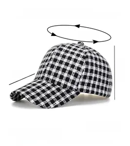 Detail specifications of black and white plaid baseball cap with adjustable strap size