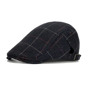 British Vintage Men Herringbone Plaid Flat Cap Cotton Blend Newsboy Ivy Hat With Adjustable Buckle For Winter Warmth