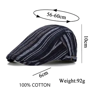 Retro striped cotton newsboy cap in dark blue and grey with side metal buckle