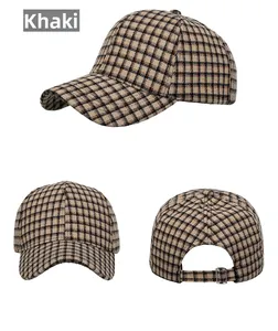 Detailed views of khaki plaid baseball cap featuring adjustable metal buckle and stiff fabric