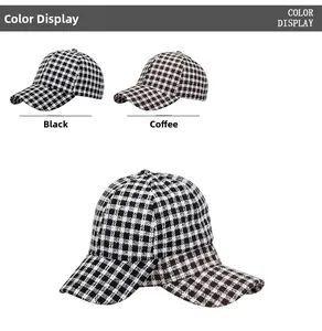 Detailed macro view of tweed plaid pattern on baseball caps in black and brown colors