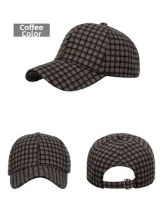 Detailed views of coffee plaid baseball cap showing side, front and back metal buckle