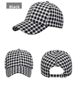 Three-angle view of black houndstooth baseball cap with adjustable metal buckle back