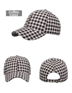 Three-view display of brown houndstooth baseball cap showing front side and back views
