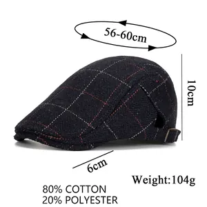 Navy blue plaid flat cap for men with adjustable buckle and herringbone texture wool blend