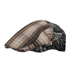 British plaid newsboy flat cap for men in brown, green, and black wool blend fabric