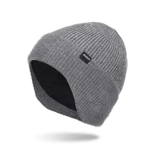 Men Winter Warm Knit Beanie Hat Thick Fleece Lined Earflap Hat Windproof Outdoor Ribbed Skull Cap With Faux Fur Trim