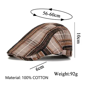 British style plaid flat cap in beige and brown cotton with side metal buckle