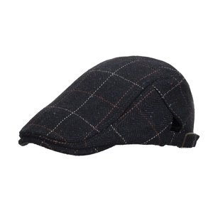 Classic dark blue herringbone ivy cap with thick wool plaid pattern and metal side buckles