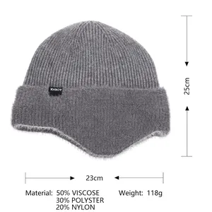 Winter thermal grey knit hat with earflaps and soft faux fur lining for men