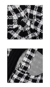 Detailed view of plaid tweed fabric with gold lurex and adjustable silver metal buckle