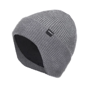 Winter grey knit beanie with plush trim and ear protection for men in outdoor settings