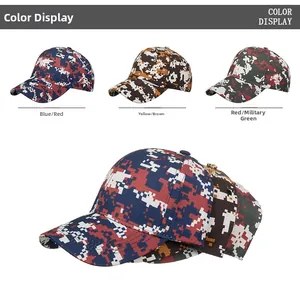 Detailed color display of digital camouflage baseball caps in three distinct patterns