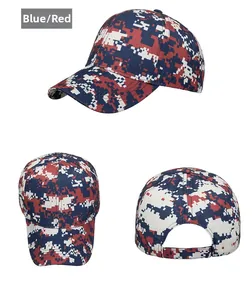 Detail view of digital camo baseball cap in cyan and red with adjustable back strap